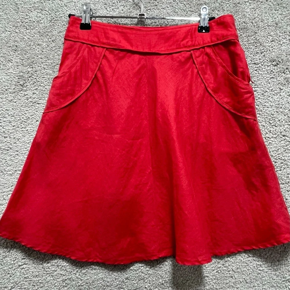 H&M Skirt Women's 4 Red Linen Button Side Zipper Pleated A-Line Mini Pocket